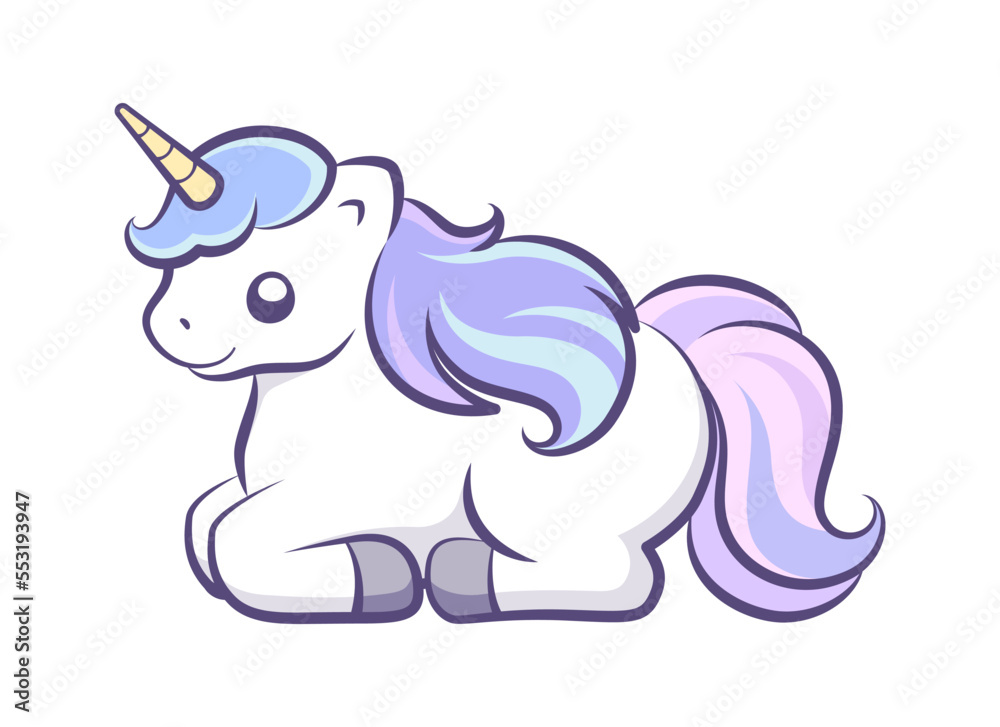Cute happy unicorn sitting lying down resting vector illustration. Mythical creature cartoon design print for kids.