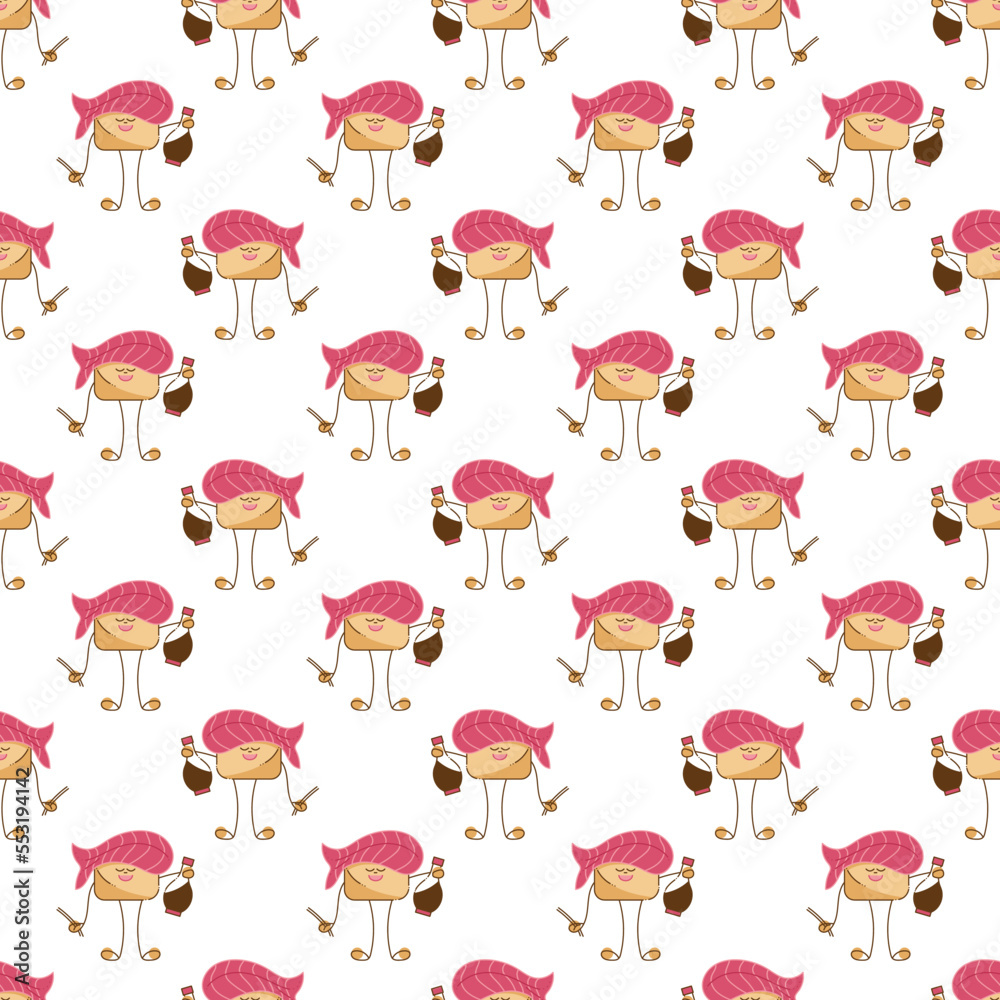 Fototapeta premium Sushi pattern3. Seamless pattern with cute sushi character. Cartoon vector illustration.