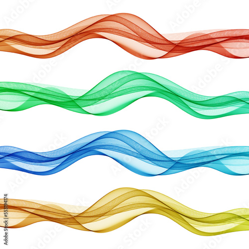 Set of horizontal waves. Abstract red blue green yellow color transparent wave background