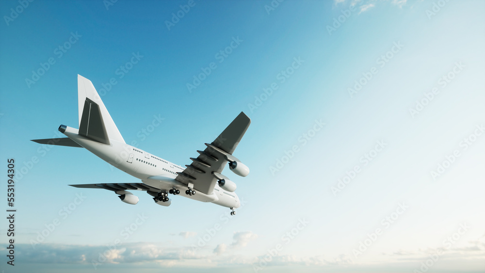 Fototapeta premium Conceptual flying white passenger jetliner or commercial plane after take off rising over a beautiful sky background. 3D illustration for jet transportation, travel industry or modern freedom concept