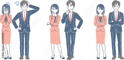 ビジネススーツの男女　表情ポーズの全身イラストセット（落胆　考える　悩む）	