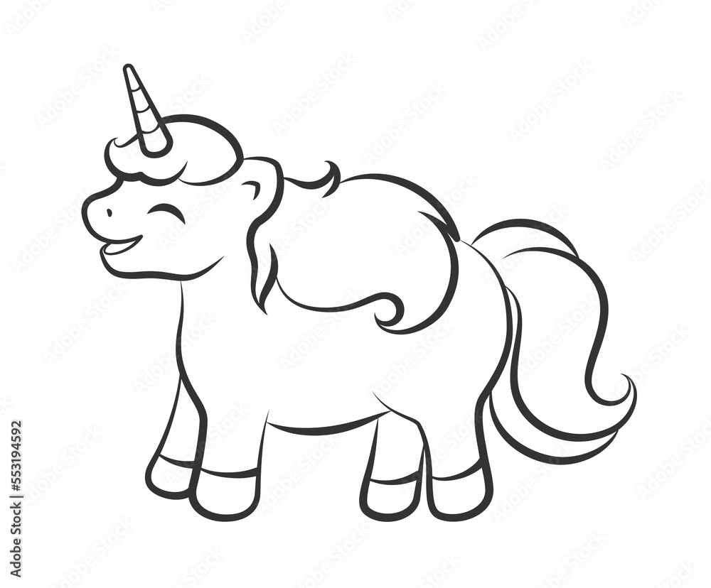 Fototapeta premium Happy laughing unicorn outline illustration. Easy coloring book page for kids.