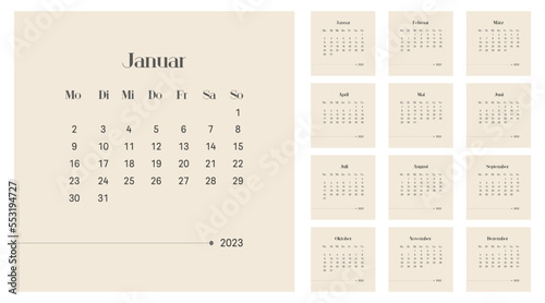2023 calendar vector design template, simple and clean design. Calendar in German. The week starts on Monday.