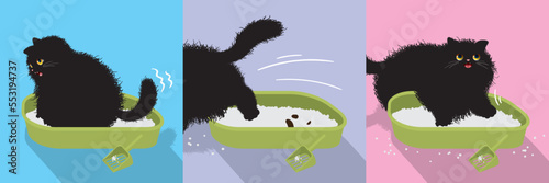 The process of a cute fluffy black cat using a litter tray. Cat toilet. Cat sand. Vector.