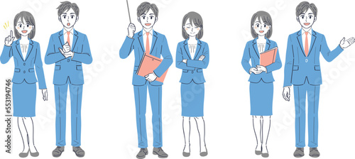 ビジネススーツの男女　表情ポーズの全身イラストセット（説明　解説　案内）