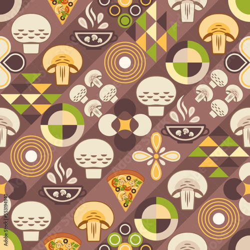 Mushroom background with design elements in simple geometric style. Seamless pattern. Good for branding, decoration of food package, cover design, decorative print, background. Vector illustration