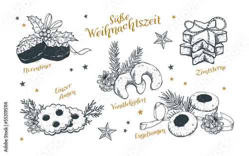 German Christmas Treats illustrations "Sweet Christmas time" - various traditional Christmas cookies - vector design