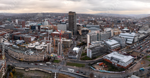 Aerial panorama of Sheffield cityscape skyline at sunset