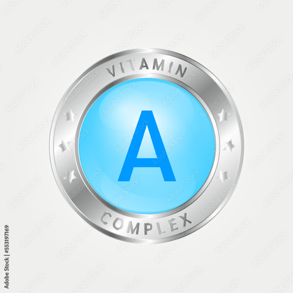 Vitamin A Icon structure circle blue. silver border. 3D vector EPS10. Pill complex, collagen serum chemical formula. Beauty treatment nutrition skin care design, healthy. Medical, scientific. Vitamin A Icon structure circle blue. silver border. 3D vector EPS10. Pill complex, collagen serum chemical formula. Beauty treatment nutrition skin care design, healthy. Medical, scientific.