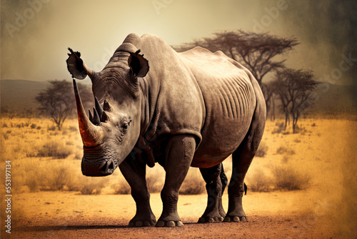 Canvastavla Photographed in an African national park, a rhinoceros grazes on the savannah