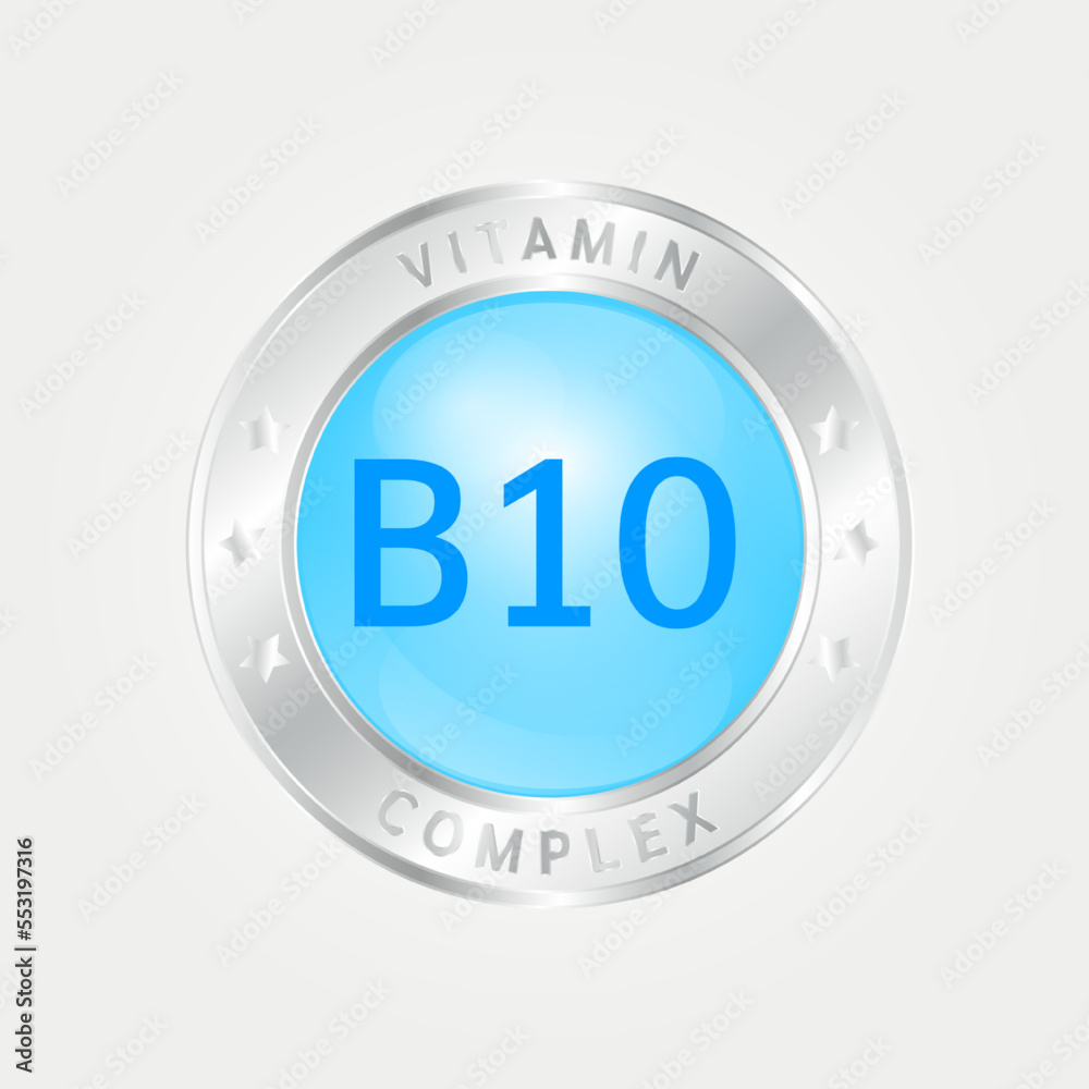 Vitamin B10 Icon structure circle blue. silver border. 3D vector EPS10. Pill complex, collagen serum chemical formula. Beauty treatment nutrition skin care design, healthy. Medical, scientific. Vitamin B10 Icon structure circle blue. silver border. 3D vector EPS10. Pill complex, collagen serum chemical formula. Beauty treatment nutrition skin care design, healthy. Medical, scientific.