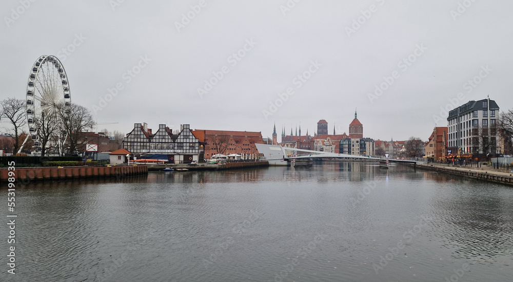 Gdansk, Poland. Panoramic view of Motlawa River in Old Town of Gdansk