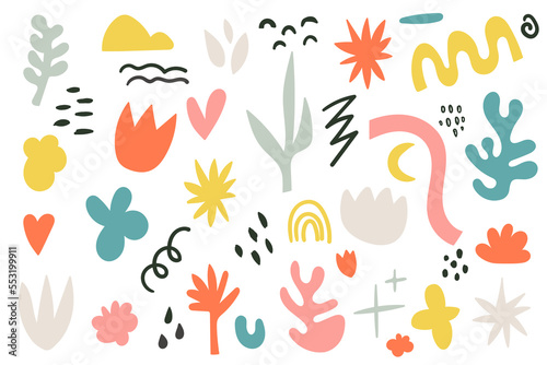 Abstract collection of hand drawn aesthetic elements and doodles. Unusual figures in the style of Matisse. Modern vector illustration. A large set of trendy icons on an isolated white background.