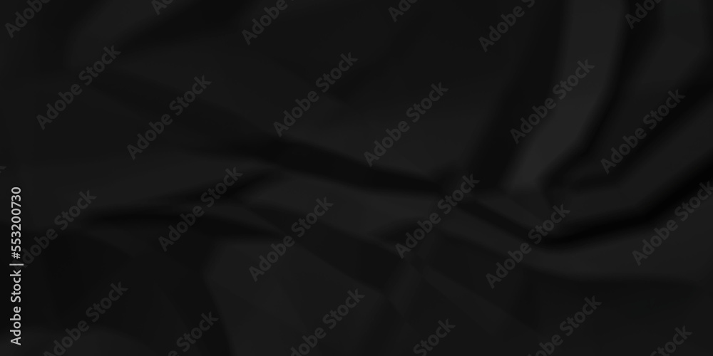 Fototapeta premium Dark Black facbric paper backdrop crumpled texture. dark black textured crumpled black paper background. panorama black paper texture background, crumpled pattern.
