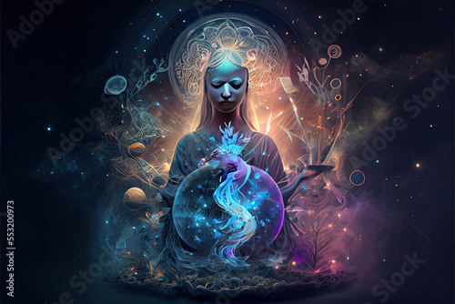 A serene woman in meditation, embraced by cosmic energy and music, symbolizes sound healing, yoga, and meditation, fostering mental health and stress relief. generative ai 