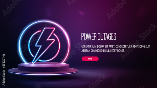 Power Outages, poster with pink and blue neon warning logo on podium floating in the air