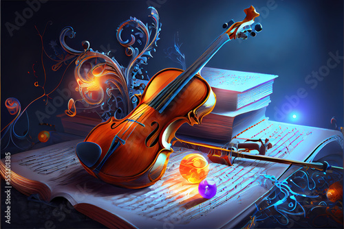 Enchanted Melody: Vibrant violin amidst swirling mystic elements, glowing orbs, and ancient musical scripts. Perfect for fantasy, music, and magical themes generative ai 