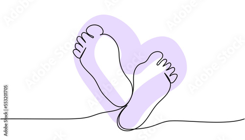 Children feet, memory print one line art with colorful elements. Continuous line drawing of child, children s legs, tenderness, childhood, newborn, new life.