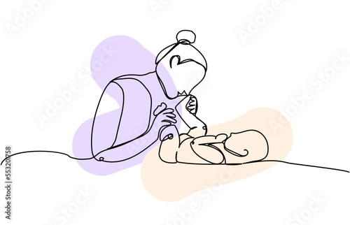 Happy mother with newborn one line art with colorful elements. Continuous line drawing of newborn, motherhood, family, love, child, care.