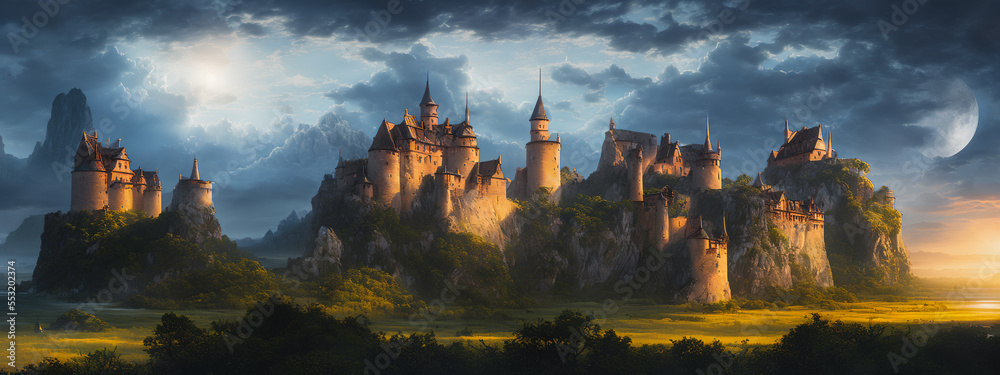 A painting depicting a majestic castle on a hill during a stormy night. The castle looks imposing and stately, but its towers and walls are streaked with wind and lightning illuminating the dark sky. A painting depicting a majestic castle on a hill during a stormy night. The castle looks imposing and stately, but its towers and walls are streaked with wind and lightning illuminating the dark sky.