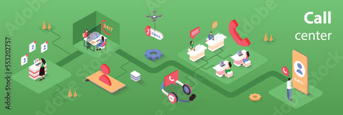Call center concept 3d isometric infographics web banner. People work in customer support center, answer calls and messages, help and solve problem. Vector illustration in isometry graphic design