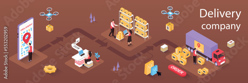 Delivery company concept 3d isometric infographics web banner. People order goods online and receive parcels, employees work in post warehouses. Vector illustration in isometry graphic design