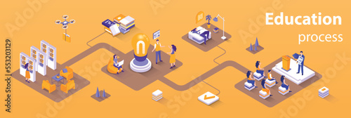 Education process concept 3d isometric infographics web banner. People studying, attend classes and library, discuss with students, graduation. Vector illustration in isometry graphic design