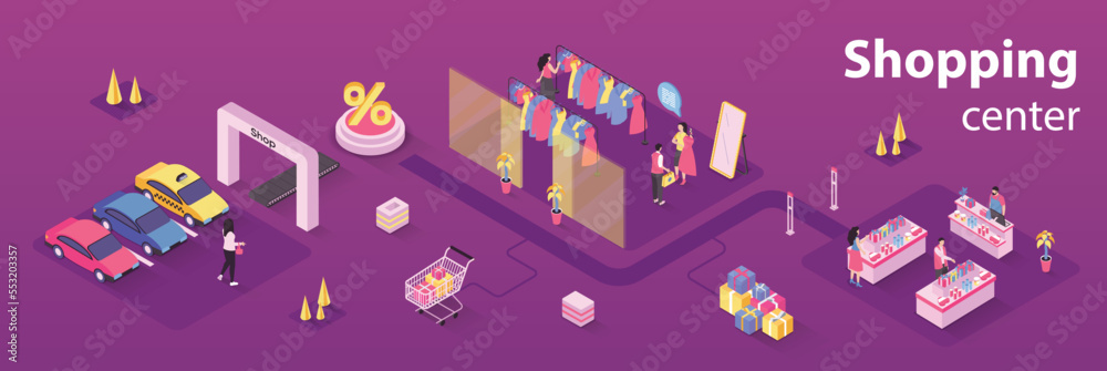 Obraz premium Shopping center concept 3d isometric infographics web banner. People choose clothes in boutique, buy goods on shelves of store in seasonal sales. Vector illustration in isometry graphic design