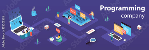 Programming company concept 3d isometric infographics web banner. People create software, writing code for programs, testing mobile applications. Vector illustration in isometry graphic design