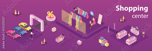 Shopping center concept 3d isometric infographics web banner. People choose clothes in boutique, buy goods on shelves of store in seasonal sales. Vector illustration in isometry graphic design