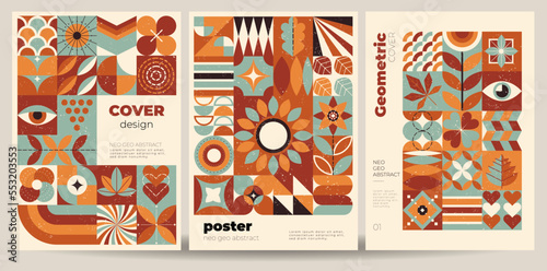 Set of vector illustrations with colorful abstract geometric shapes and grange texture. Simple minimalist neo geo design.  Useful for cover, flyer, poster, prints.