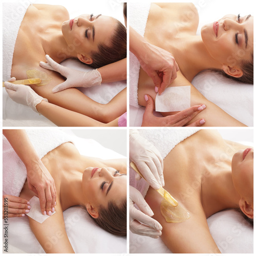 Beautician is removing hair from young and beautiful female armpits with hot wax. Woman has a beauty treament procedure. Depilation, epilation, skin and health care concepts. Set collage.