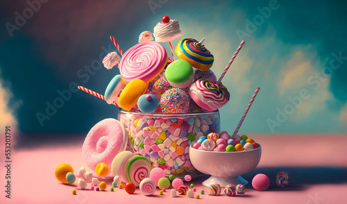 Abstract art. Colorful painting art of lollipops and candies. Background illustration. Generative AI.