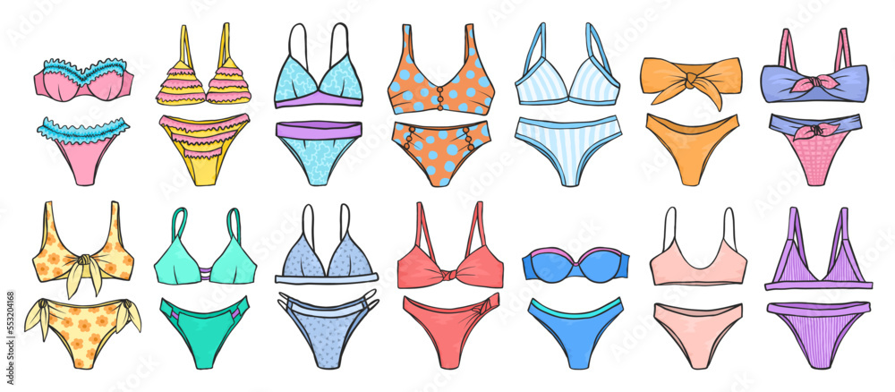 Bikini swimming suits doodles collection. Swimsuits doodle set. Colorful bikini swimwear sketches. Summer vacation clothes. Swimwear fashion. Bikini swimming suits doodles collection. Swimsuits doodle set. Colorful bikini swimwear sketches. Summer vacation clothes. Swimwear fashion.