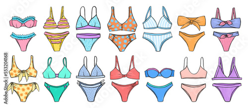 Bikini swimming suits doodles collection. Swimsuits doodle set. Colorful bikini swimwear sketches. Summer vacation clothes. Swimwear fashion. photo