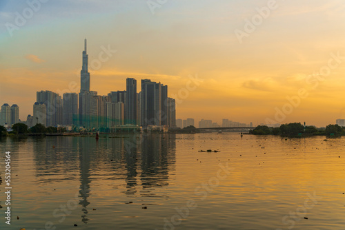 Beautiful morning in District 1  view to Landmark 81  the tall skyscraper in Vietnam and all Southeast Asia.