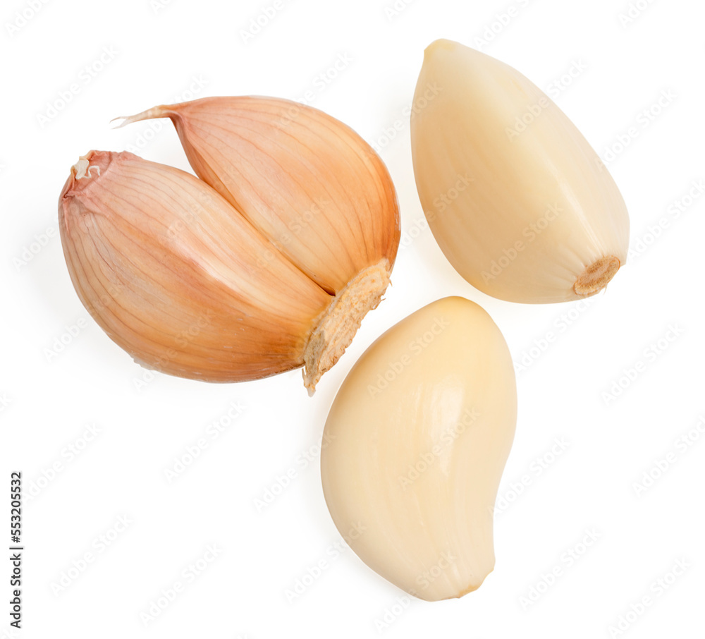 Top view fresh peeled garlic cloves, bulb with garlic slices on white background. Top view fresh peeled garlic cloves, bulb with garlic slices on white background.