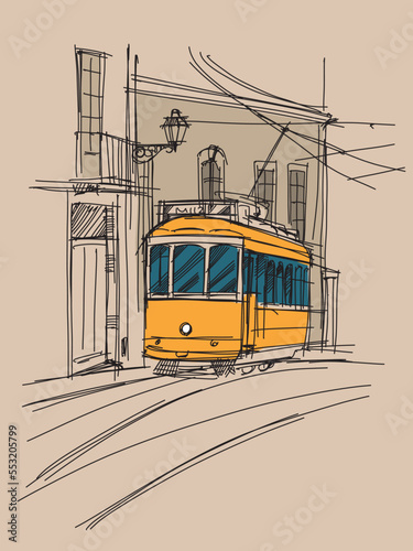 Cityscape. Old yellow tram. Architecture of the old city. Urban landscape. Streets of the city. Line drawing of houses
