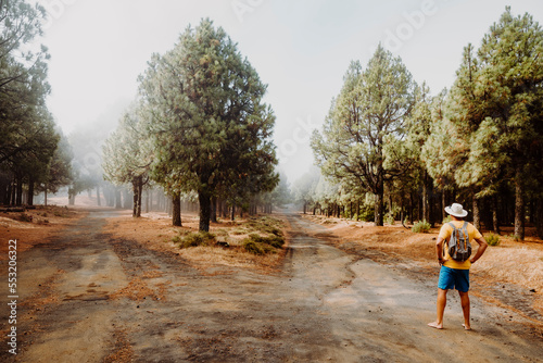 Fototapeta Naklejka Na Ścianę i Meble -  Hiker with short pants and without shoes stands in the forest and must decide whether he goes the right or left way