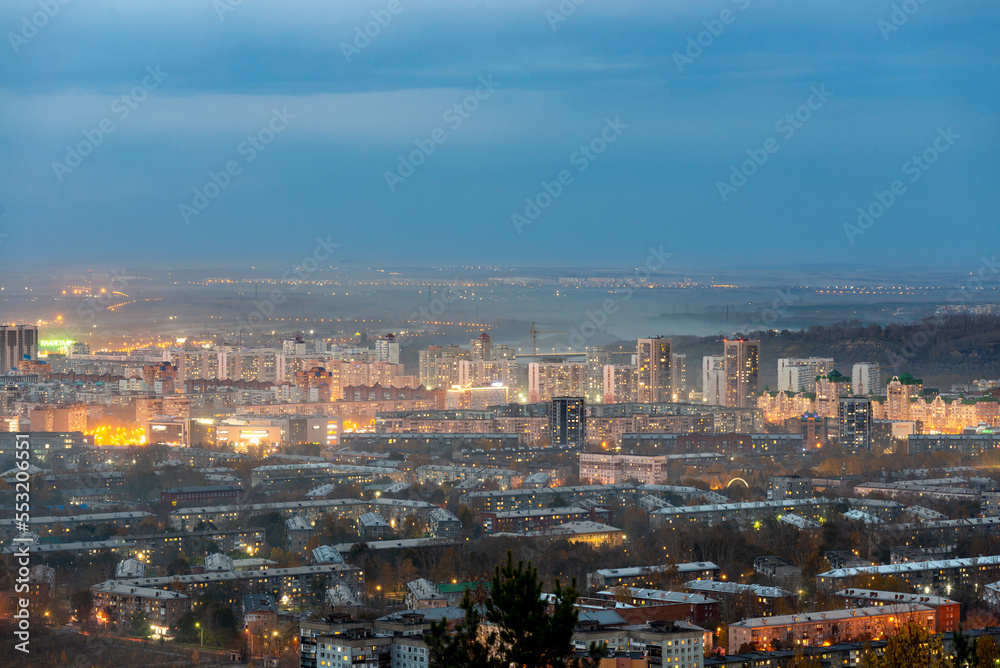 The evening city of Novokuznetsk from the observation deck