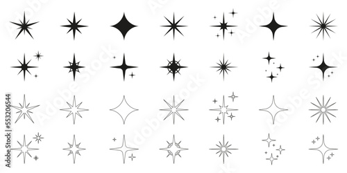 Sparkle Star Silhouette and Line Icon Set. Glow Spark Flash Stars Black Collection. Shine Burst Magic Decoration Symbol. Glistering Effect Light. Twinkle Flare. Isolated Vector Illustration