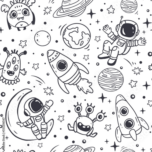 seamless pattern with elements space. Monster,stars, planets,astronauts in doodle style.Vector