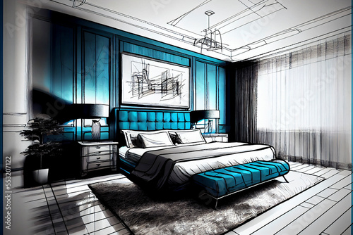 イメージ素材：モダンな寝室のラフスケッチアート.Generative AI photo