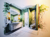 イメージ素材：モダンな浴室（洗面所）のラフスケッチアート..Generative AI