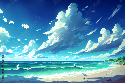 イメージ素材:アニメ風の空と海（浜辺）の風景Generative AI