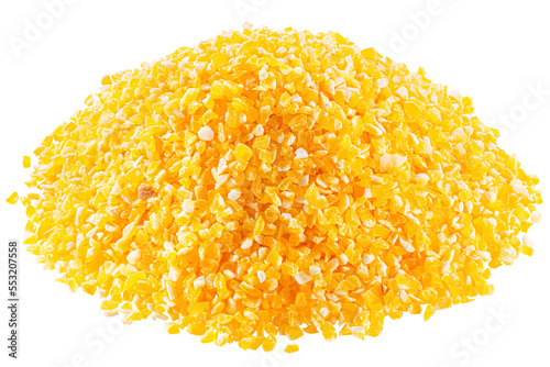 Pile of cornmeal, a coarse ground dried maize seeds, isolated png photo