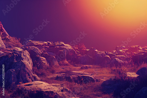  Strange rocks on Alien planet in sunrise