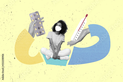 Creative collage picture of arms hold give mini black white gamma girl pills drugs thermometer isolated on painted background