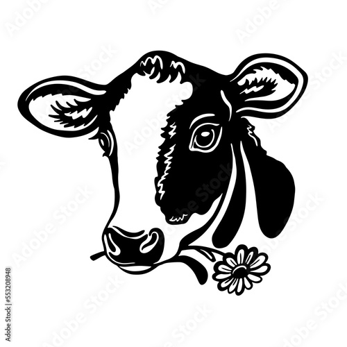 Vector cow calf  head with chamomile flower design ,logo design, Farm Animals, Black and white picture, Line animal on the white background 