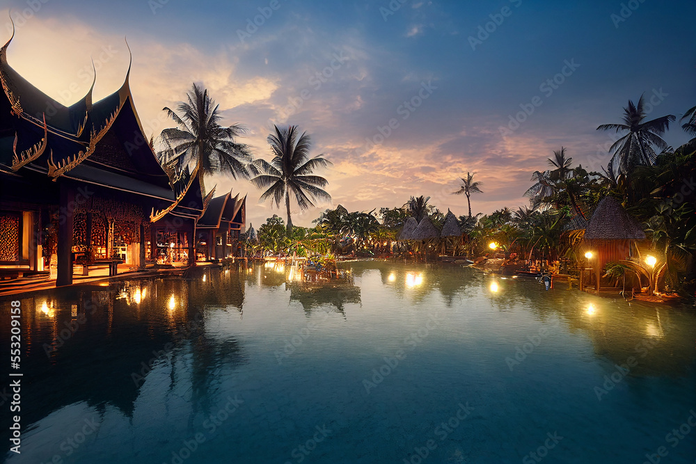 Obraz premium Thailand vacation resort after sunset lights reflecting